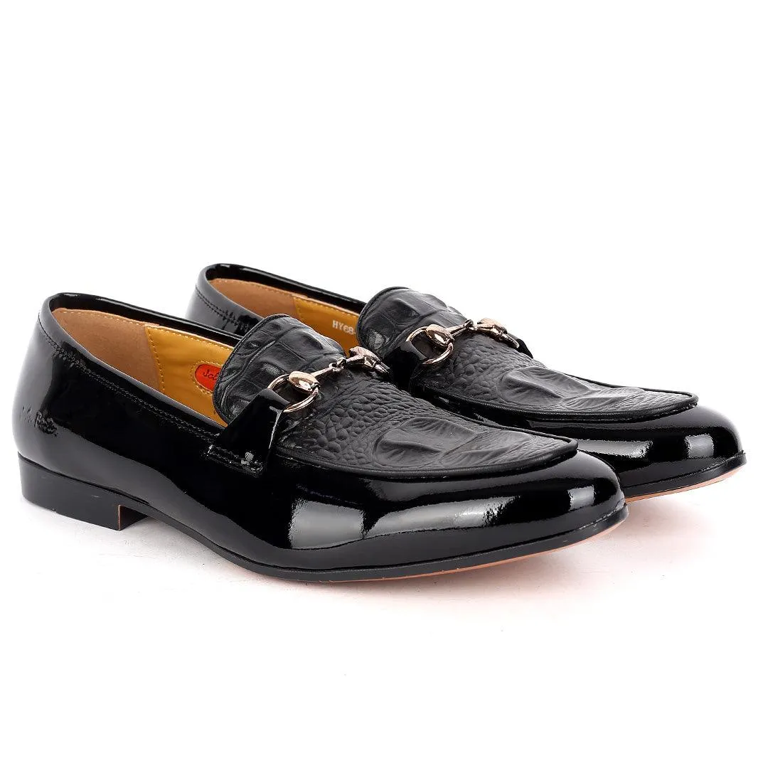 John Foster Glossy And Croc Skin Designed Men's Shoe- Black