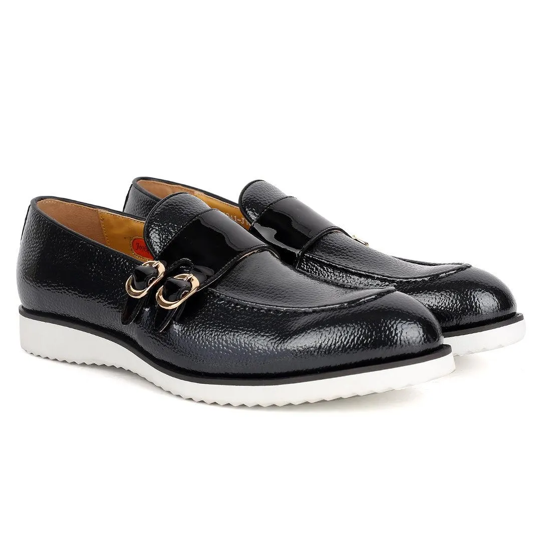 John Mendson Black Leather Monk Shoe With Black Glossy Strap And White Designed  Sole