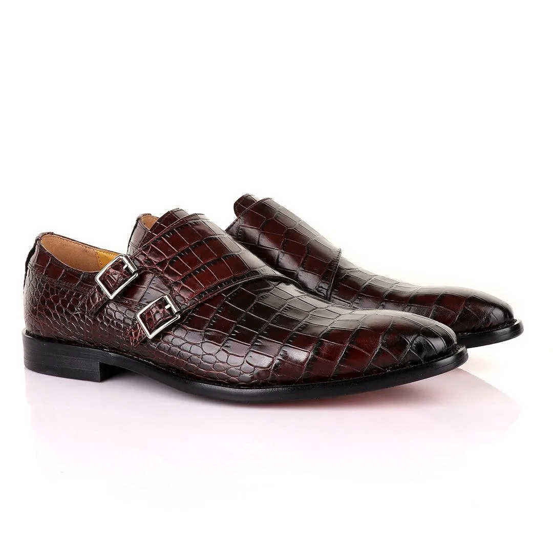 John Mendson Coffee Brown Double Monk Strap Croc Leather Shoe