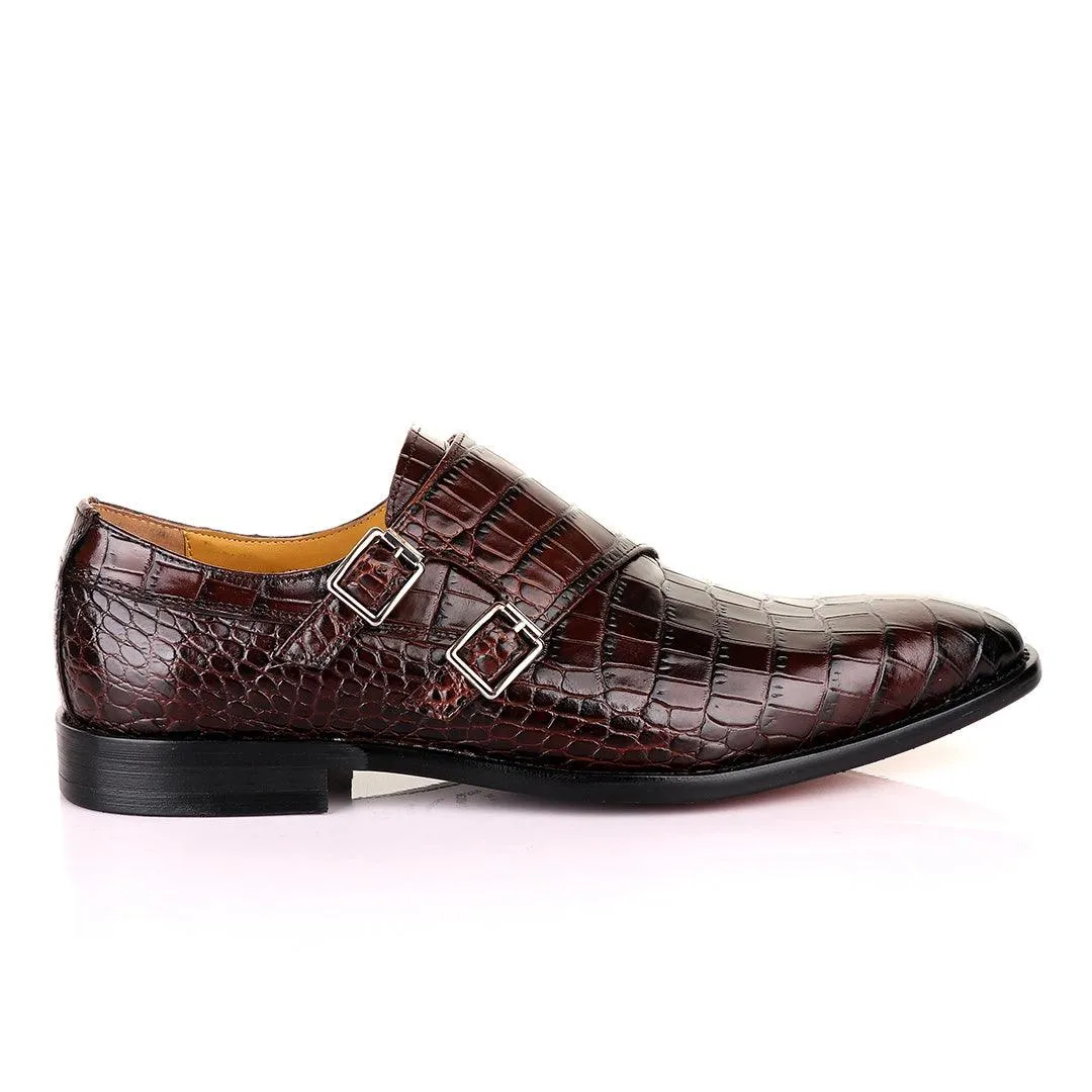 John Mendson Coffee Brown Double Monk Strap Croc Leather Shoe