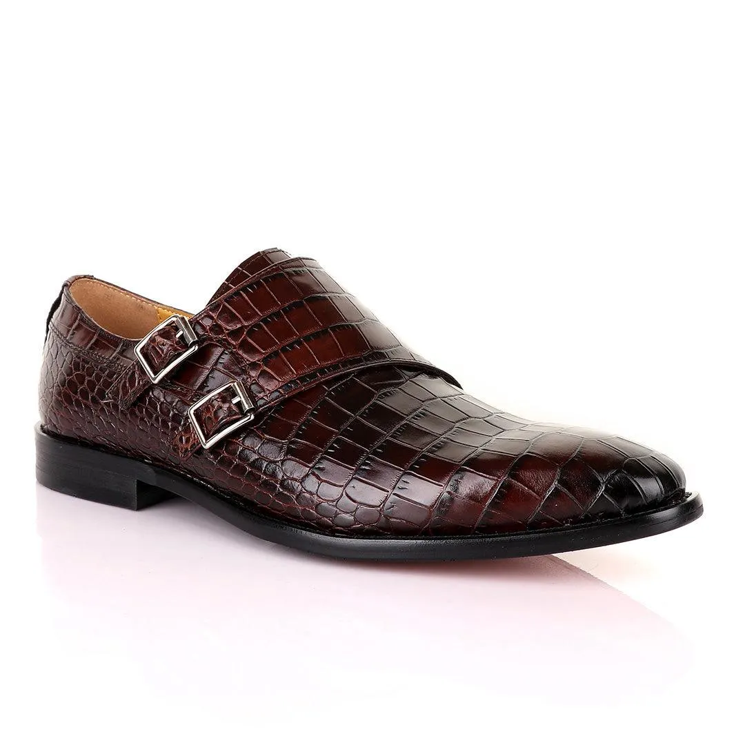 John Mendson Coffee Brown Double Monk Strap Croc Leather Shoe