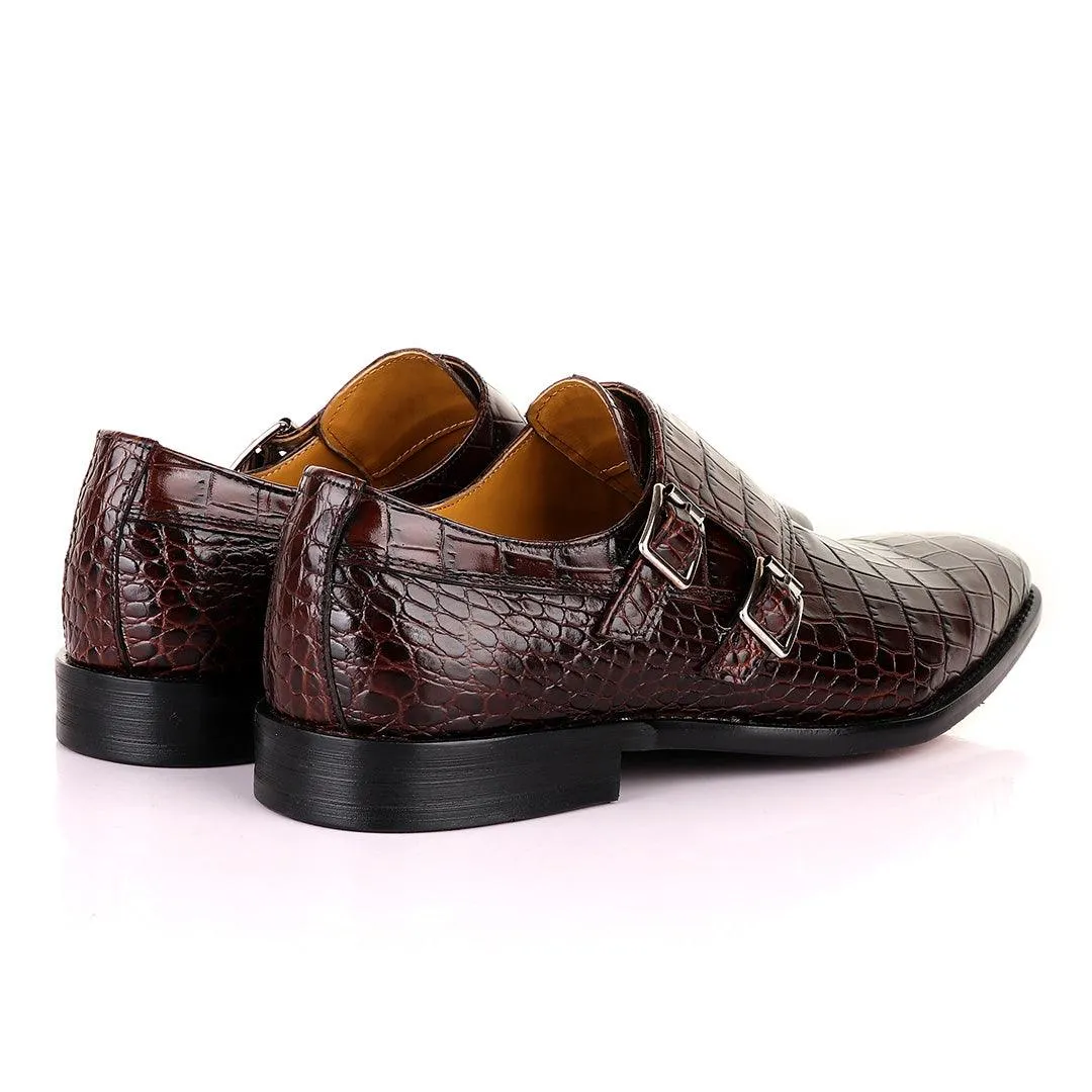 John Mendson Coffee Brown Double Monk Strap Croc Leather Shoe