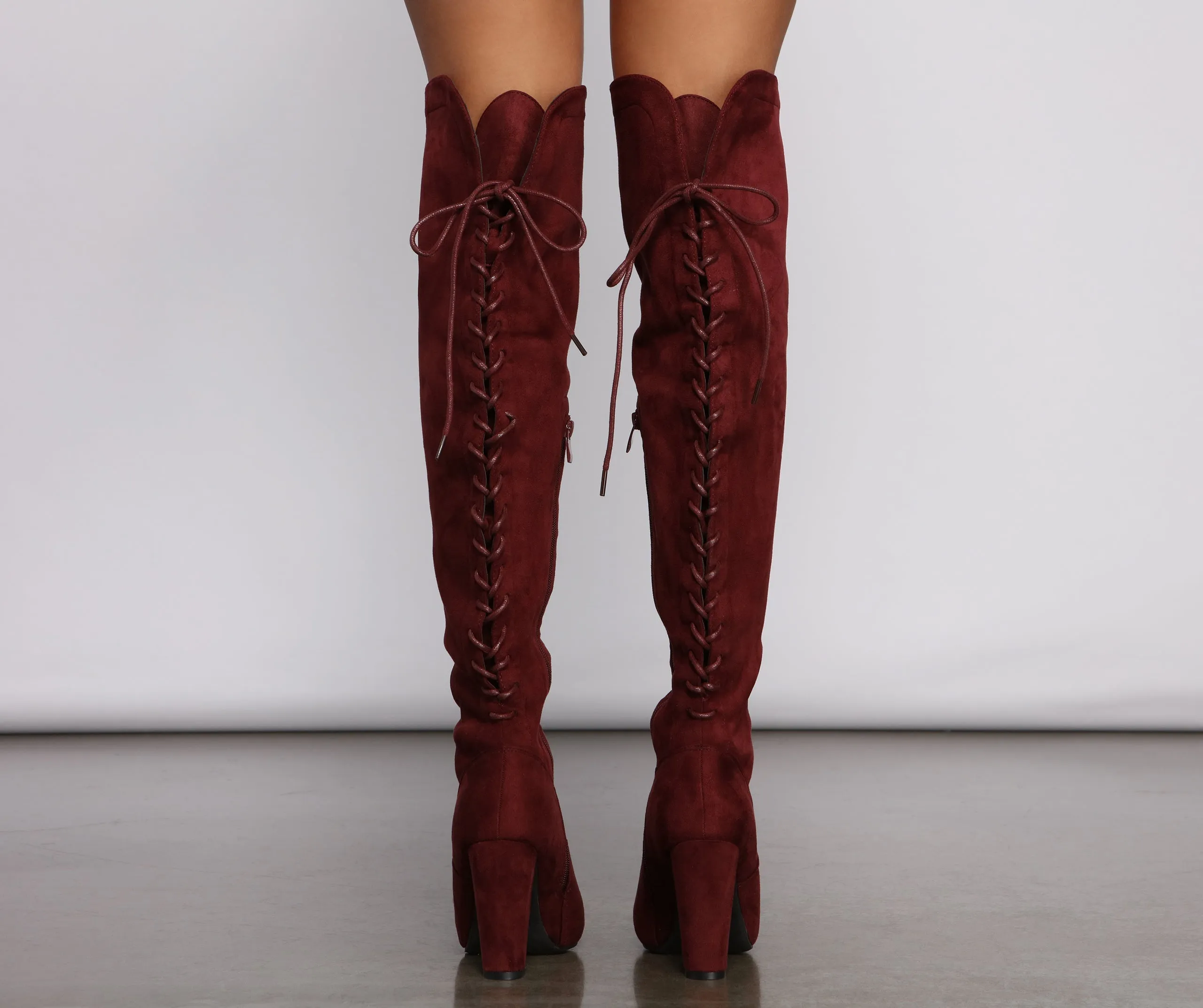 Lace Back Over The Knee Block Heeled Boots