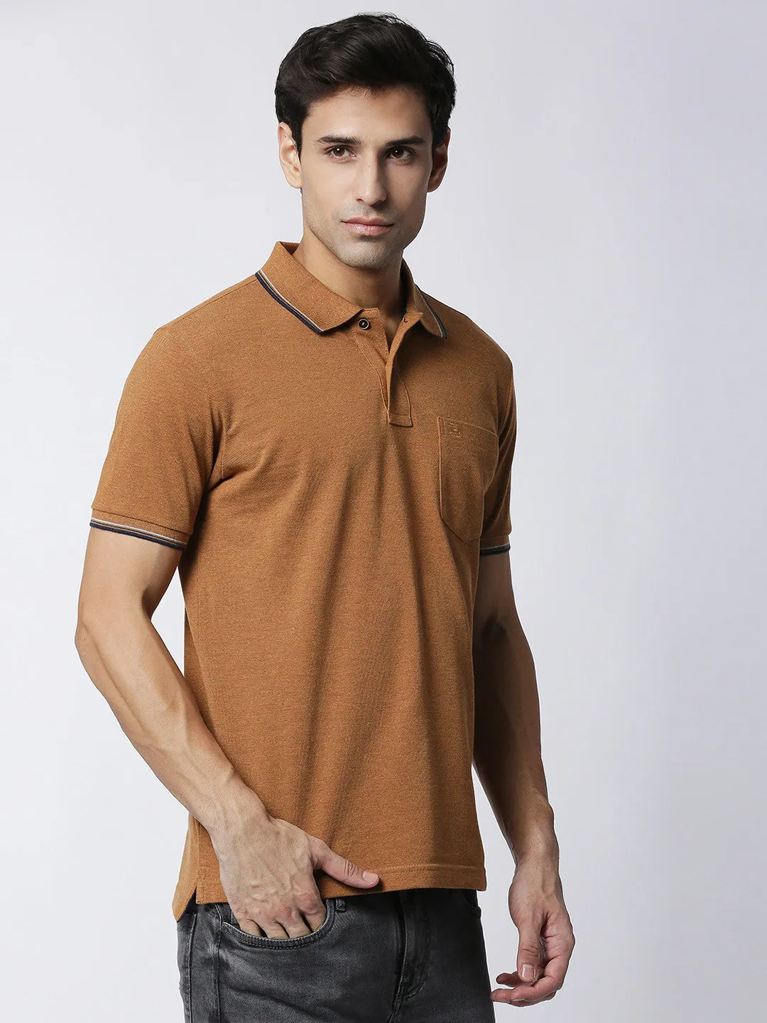 Light Brown Melange Half Sleeves Pique Polo With Pocket