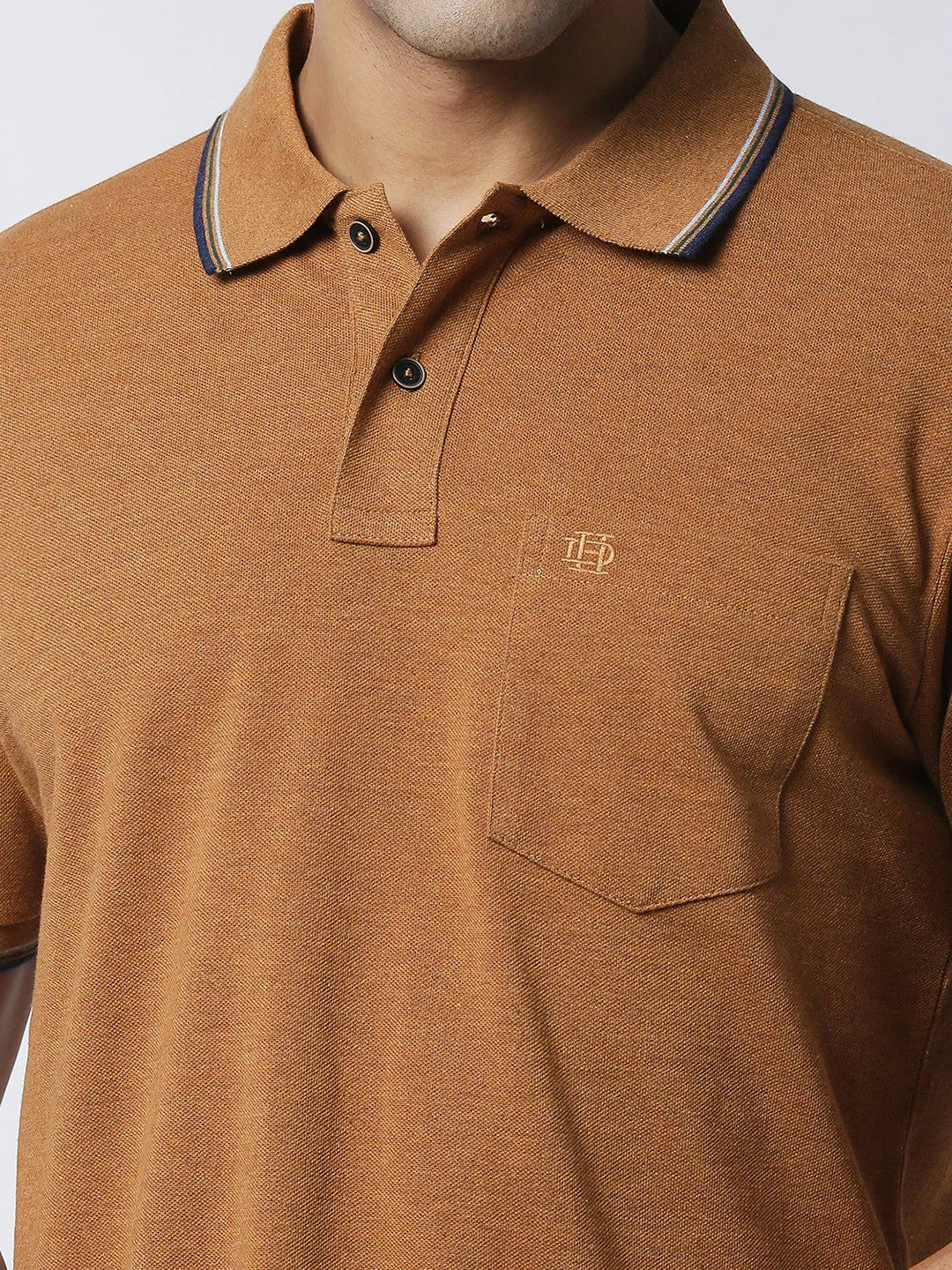 Light Brown Melange Half Sleeves Pique Polo With Pocket