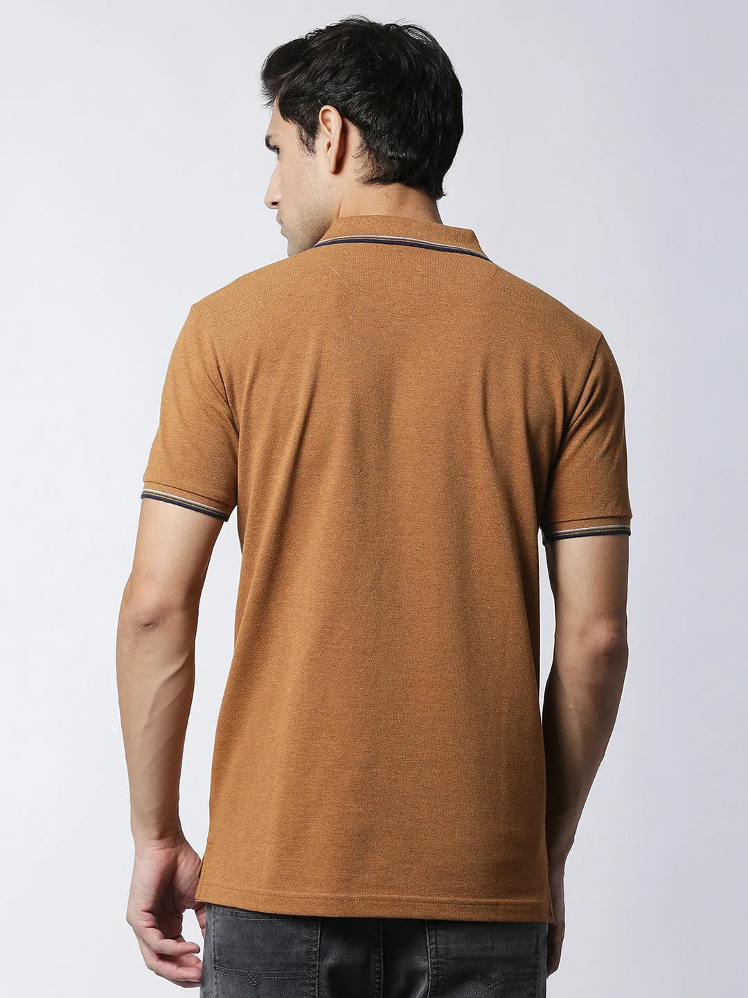 Light Brown Melange Half Sleeves Pique Polo With Pocket