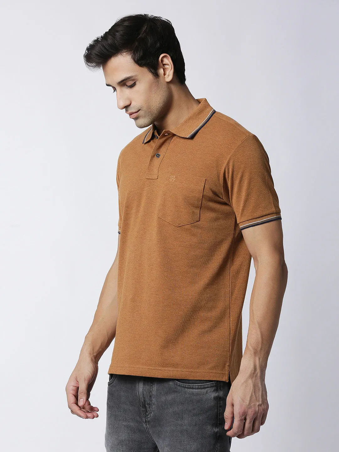 Light Brown Melange Half Sleeves Pique Polo With Pocket