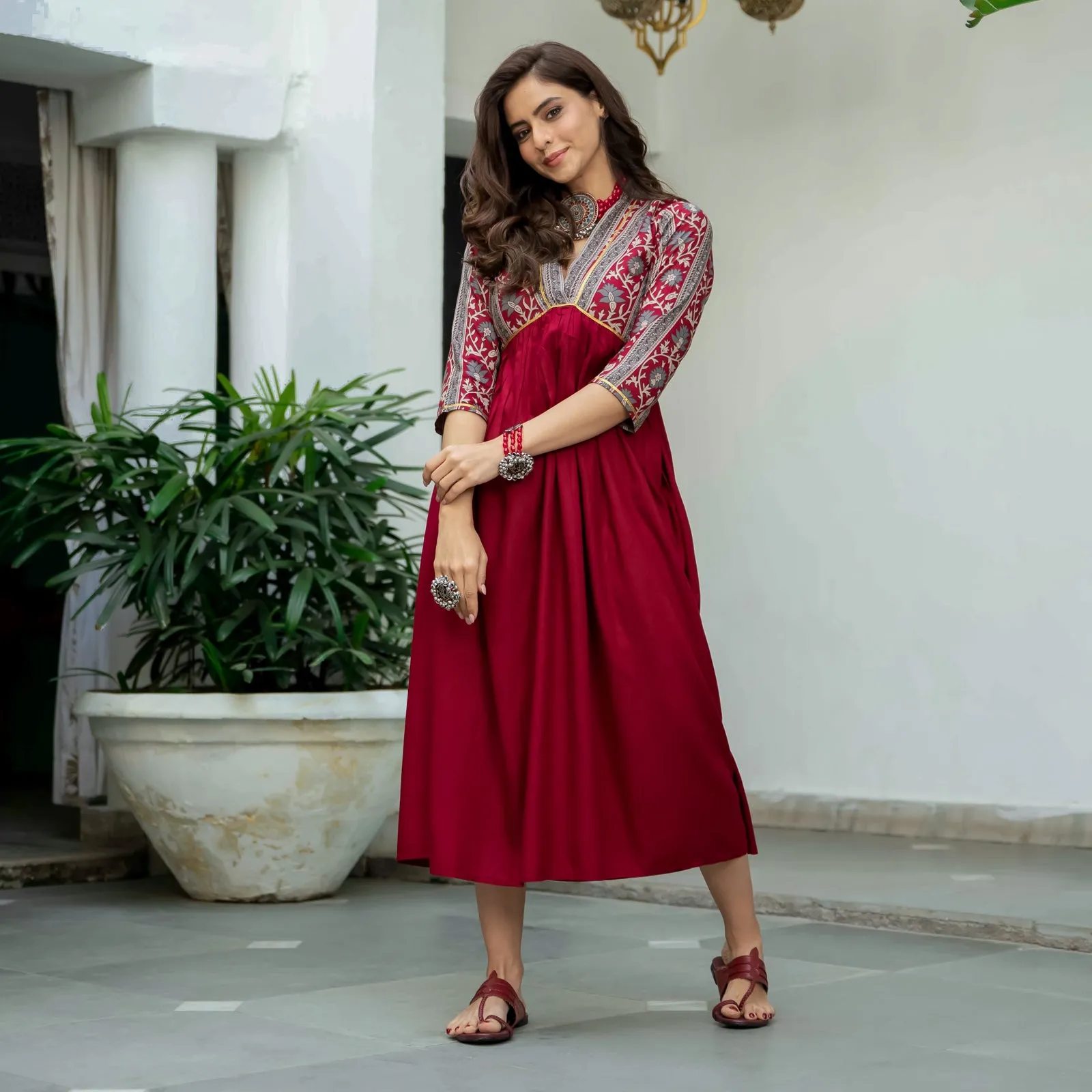 Maroon V Neck Alia Cut Dress