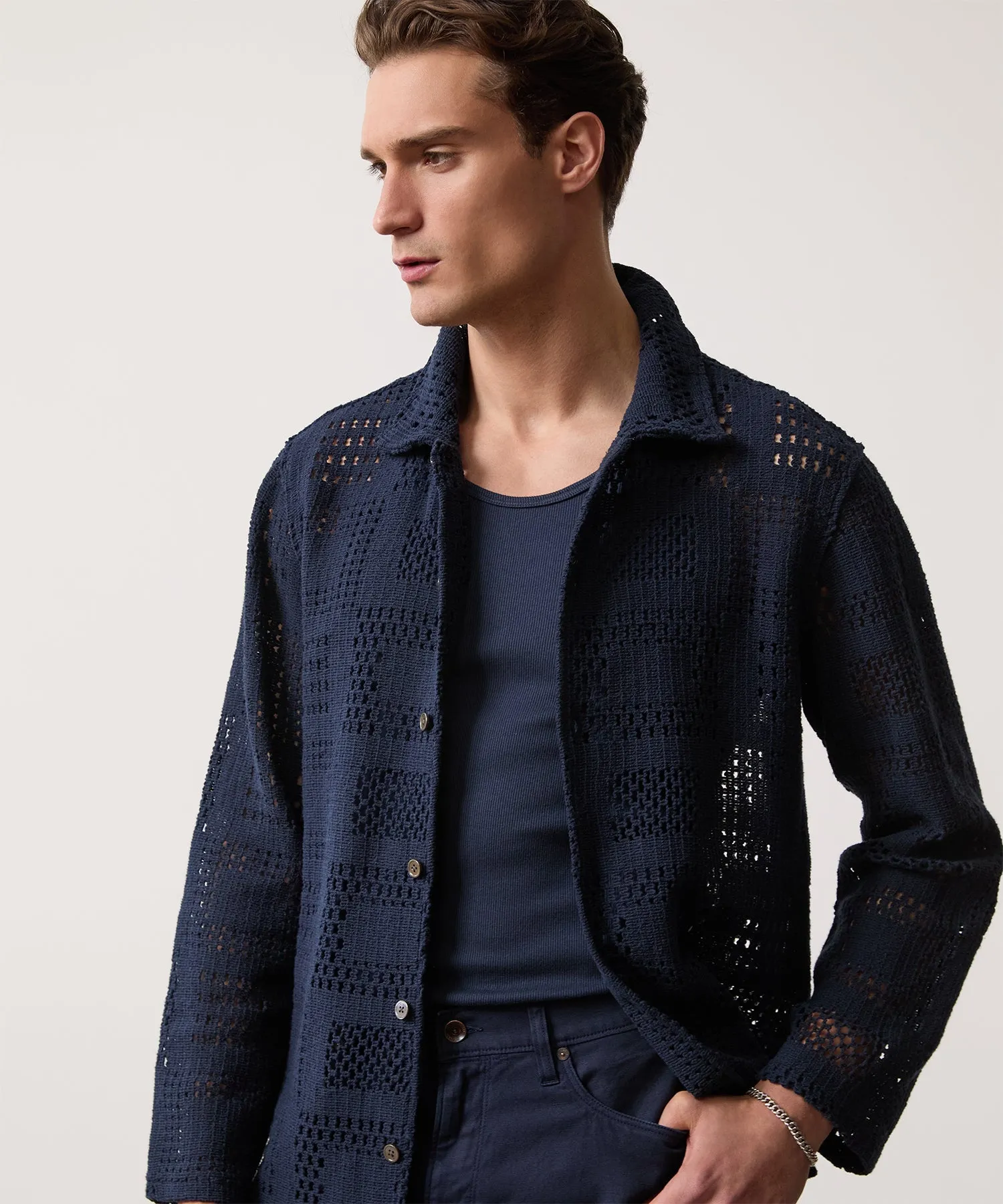 Open-Knit Long-Sleeve Cabana Shirt in Navy