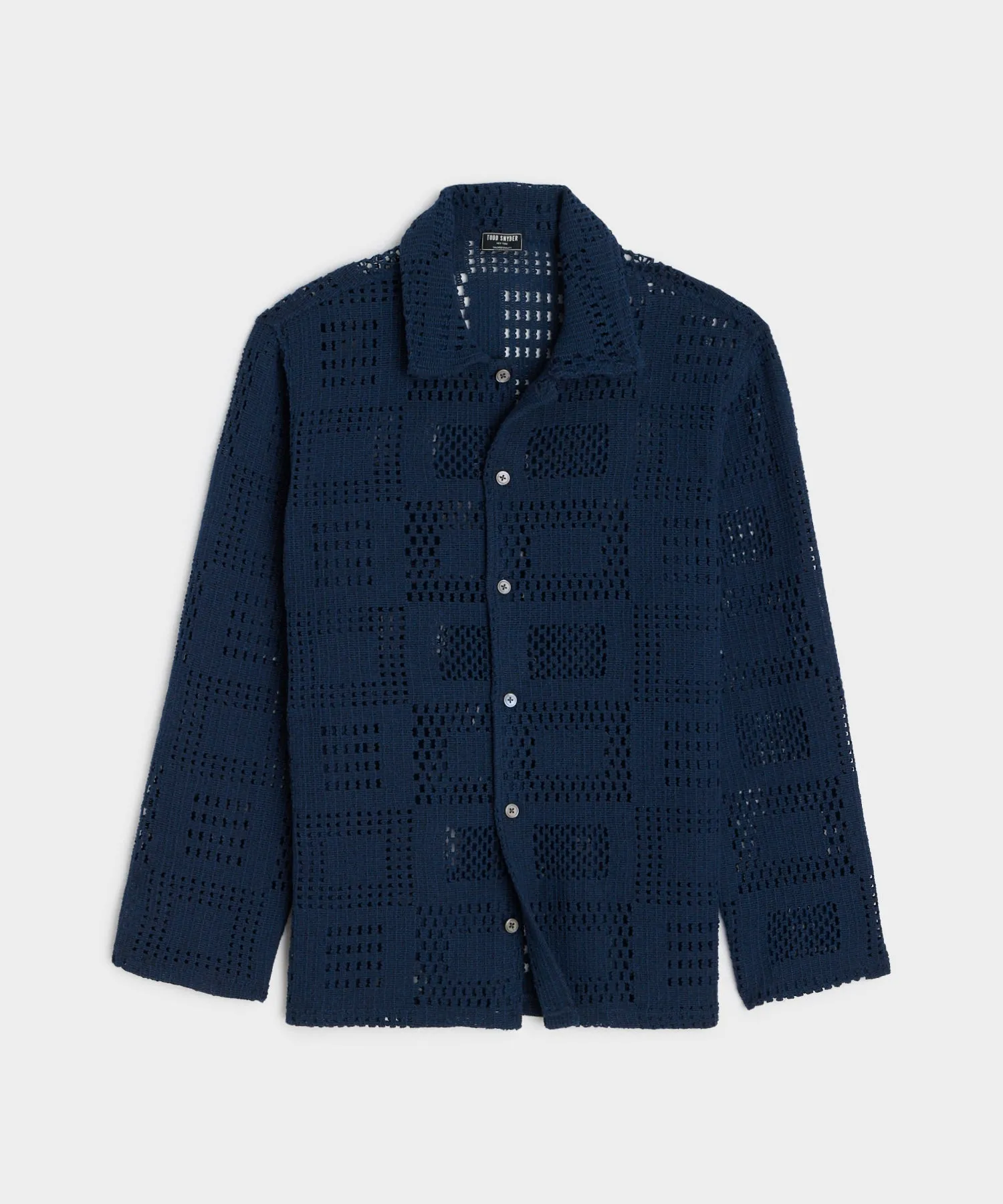 Open-Knit Long-Sleeve Cabana Shirt in Navy