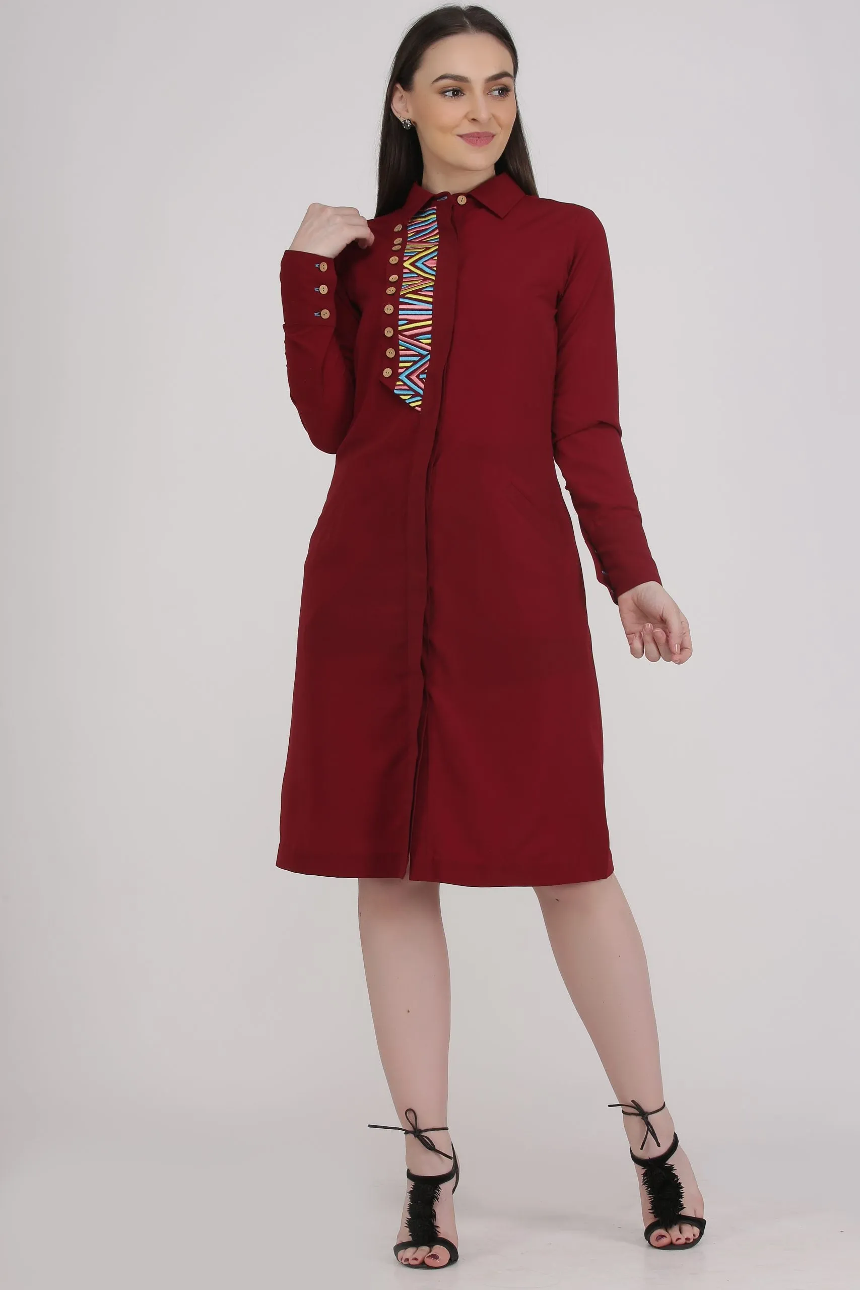 Patchwork Red Women's Work Shirt Dress