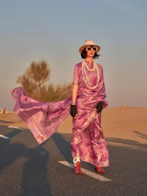 Rose Pink Pure Tussar Silk Handwoven Printed Saree