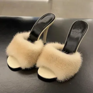 Sexy Deep Ivory Faux Fur Mules