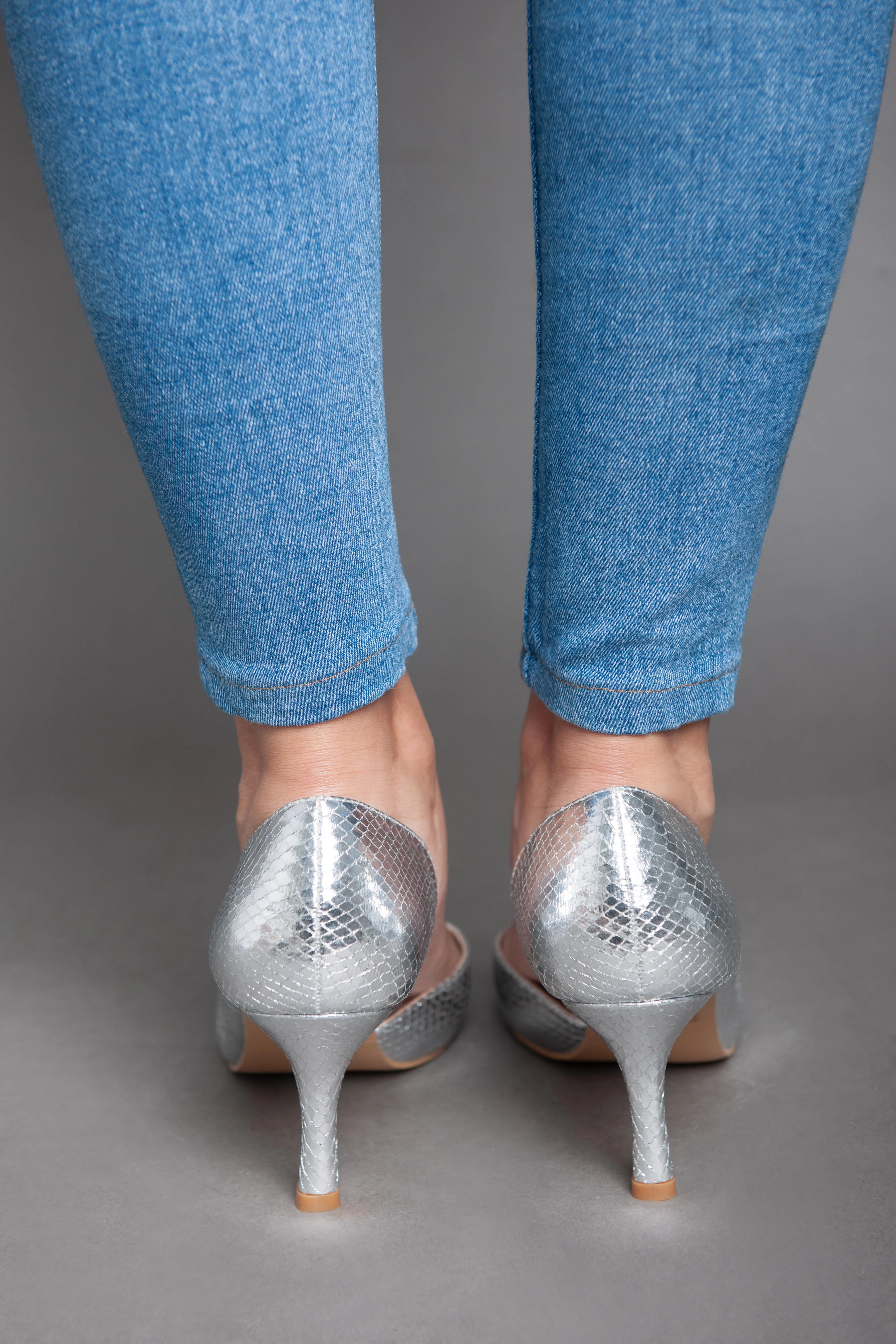 Shiny Croc Leather High Heels - Silver