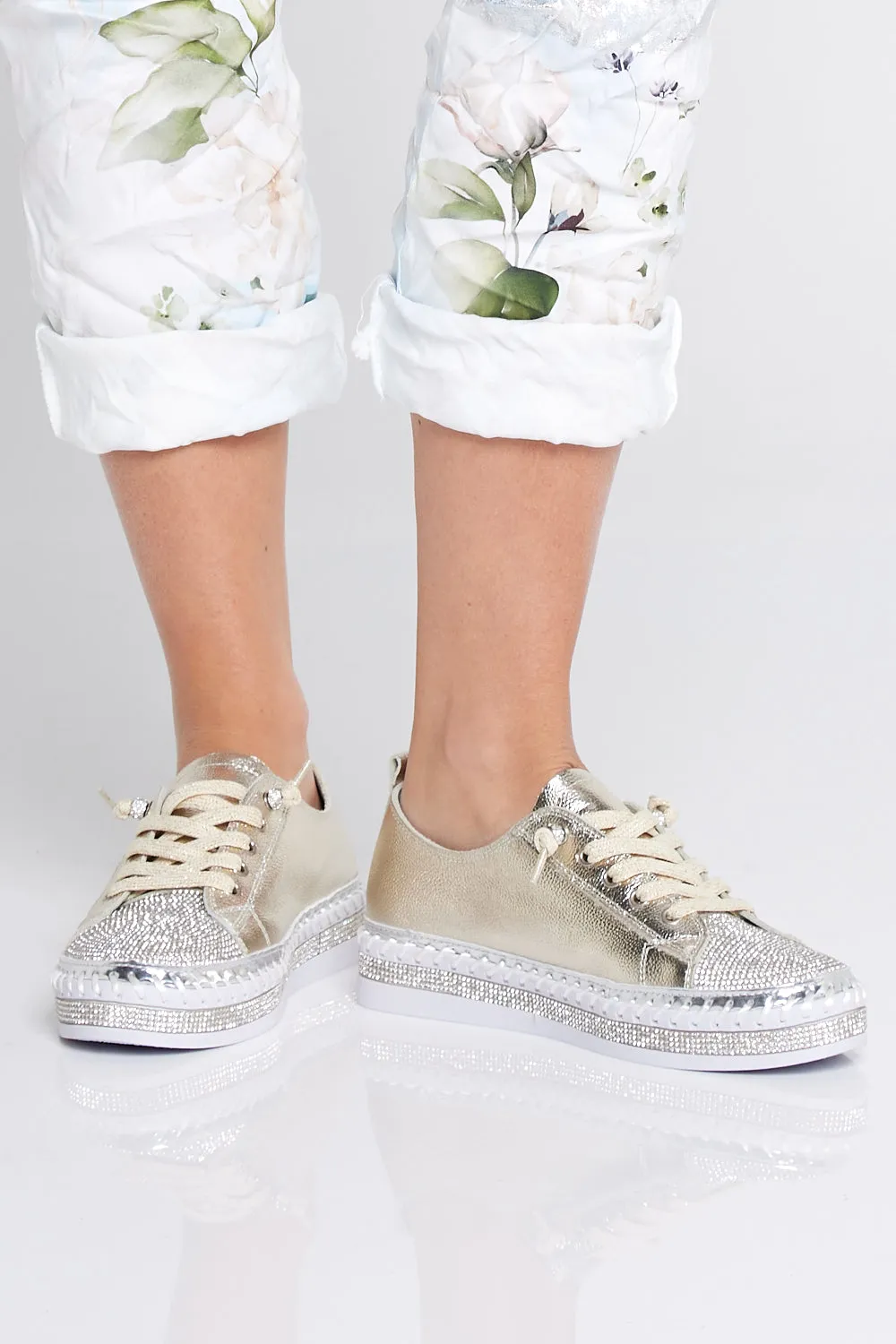 Sia Sparkle Leather Sneakers - Gold/Diamanté