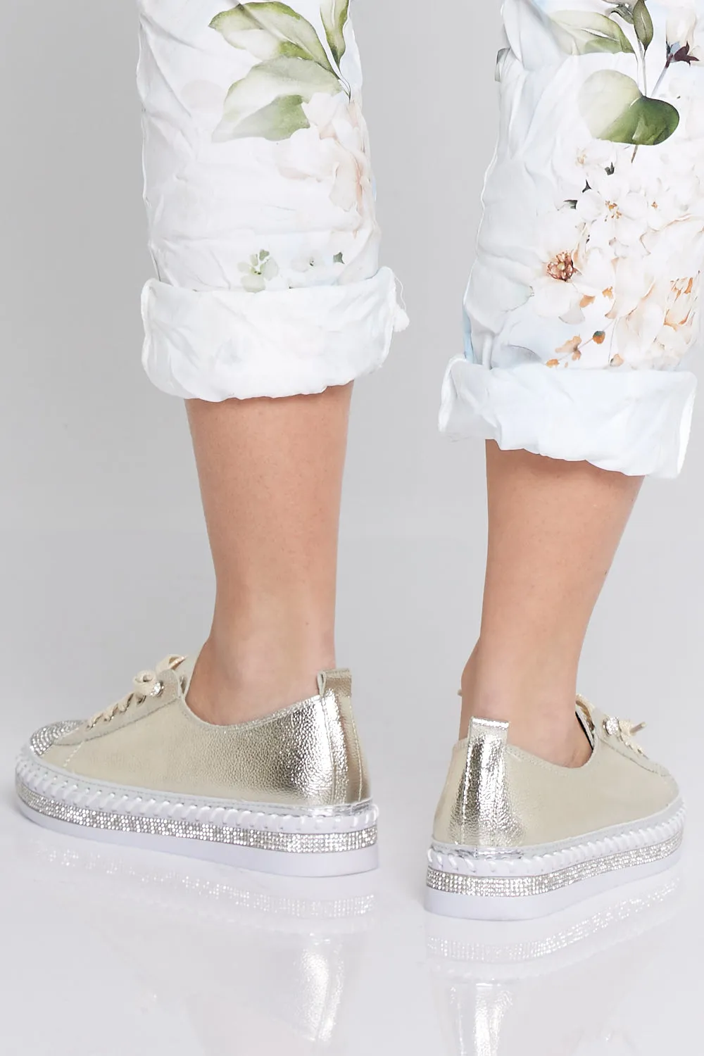 Sia Sparkle Leather Sneakers - Gold/Diamanté