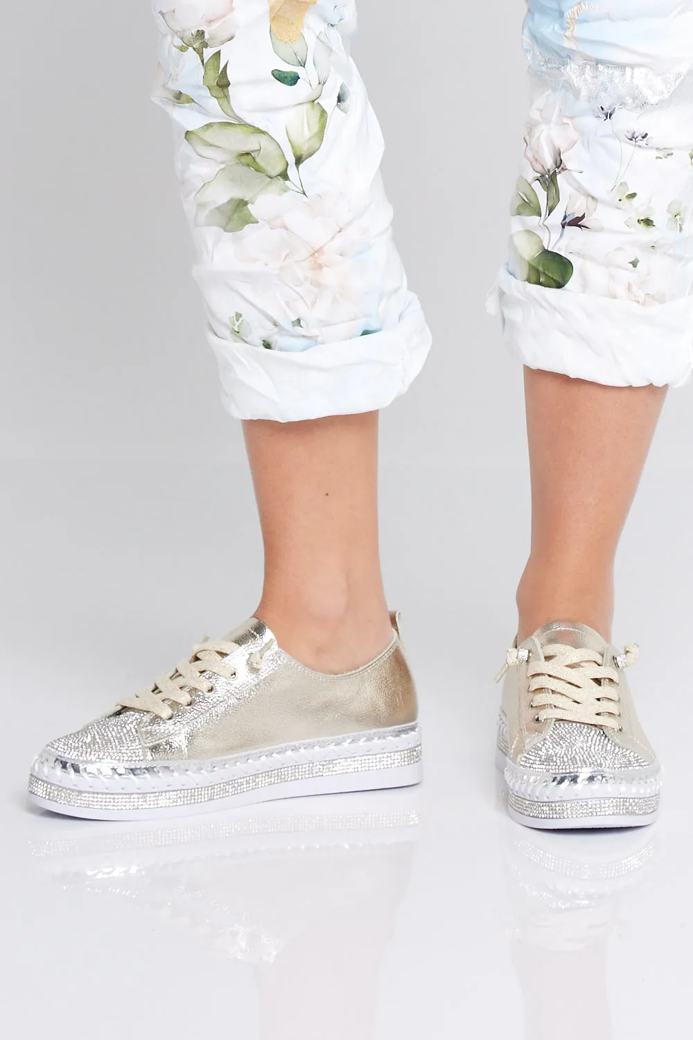 Sia Sparkle Leather Sneakers - Gold/Diamanté