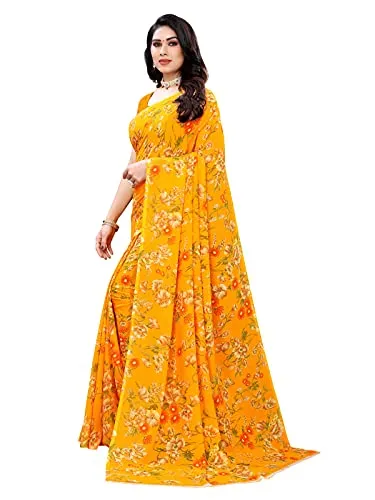 SIRIL Women's Floral Printed Georgette Saree with Blouse(2082S642_Yellow)