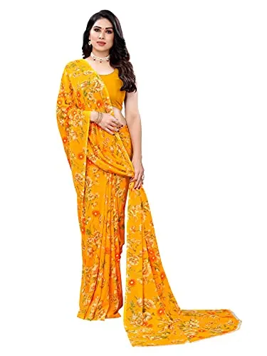 SIRIL Women's Floral Printed Georgette Saree with Blouse(2082S642_Yellow)