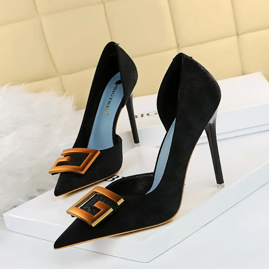 Stiletto pointed hollow square metal buckle high heels