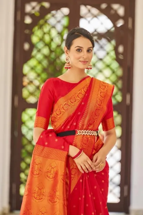 SWORNOF Womens Kanjivaram Banarasi Silk Saree Patola saree (RED)