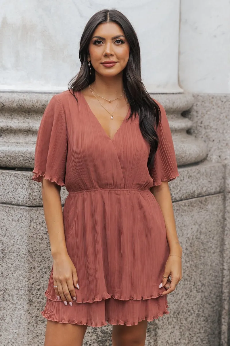 Terracotta Satin Pleated Mini Dress - FINAL SALE