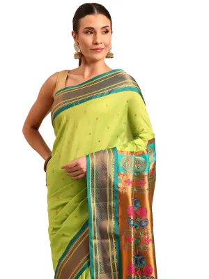 Varkala Silk Sarees Women's Kadiyal Soft Silk Maharani Paithani Saree With Blouse Piece (V241A316-COPR_Parrot Green & Rama)