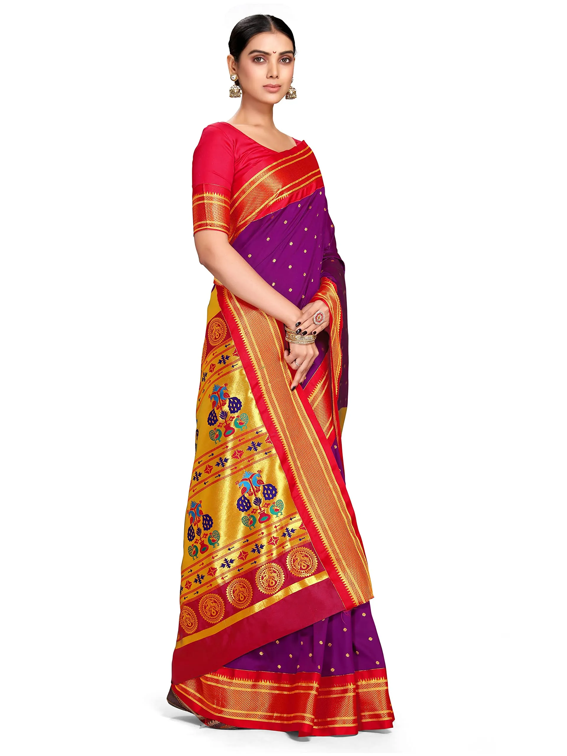 Varkala Silk Sarees Women's Paithani Soft Silk Kadiyal Maharani Saree With Blouse Piece (V241A104_Purple)