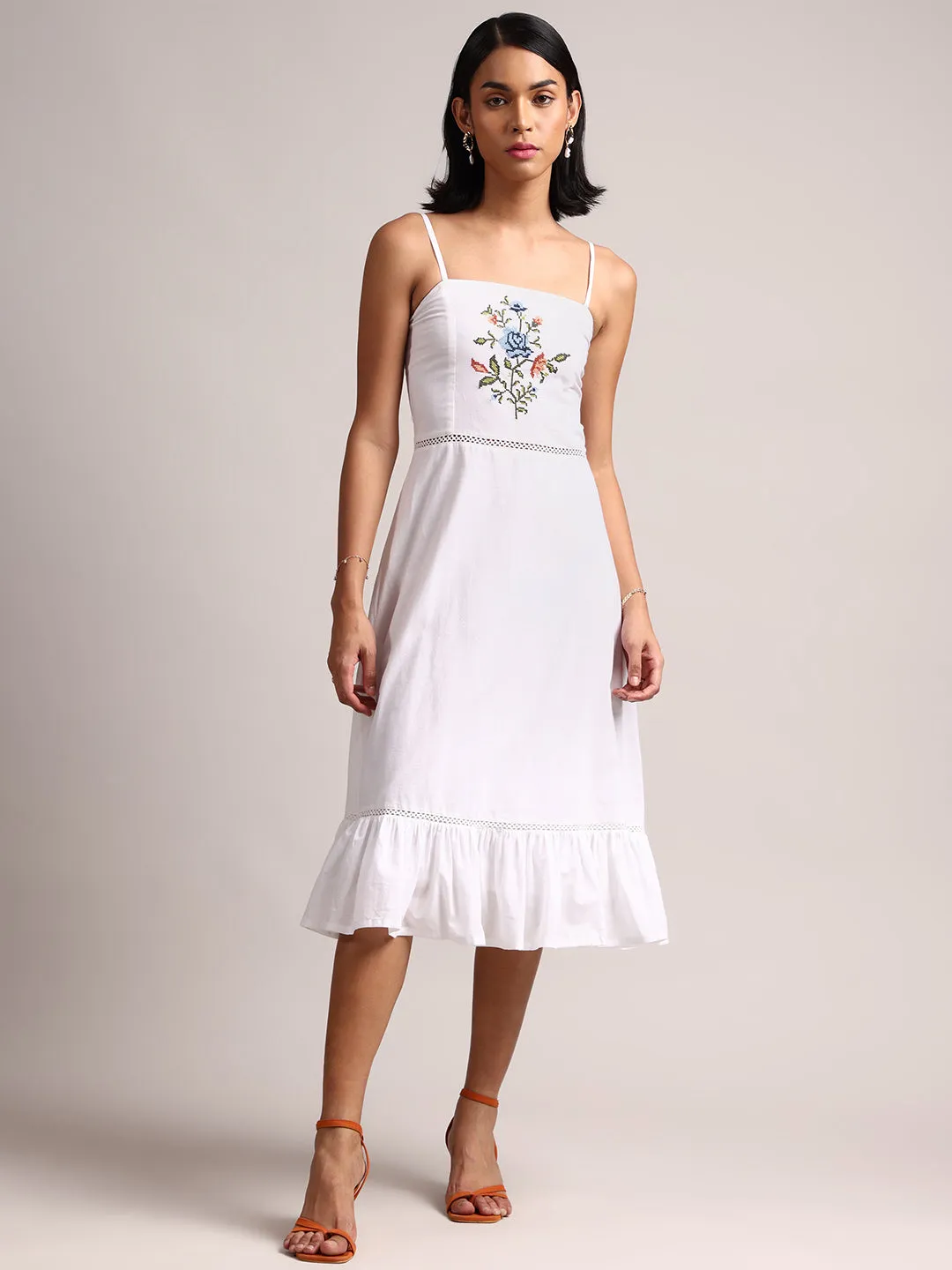 White Cotton Embroidered Fit & Flare Dress