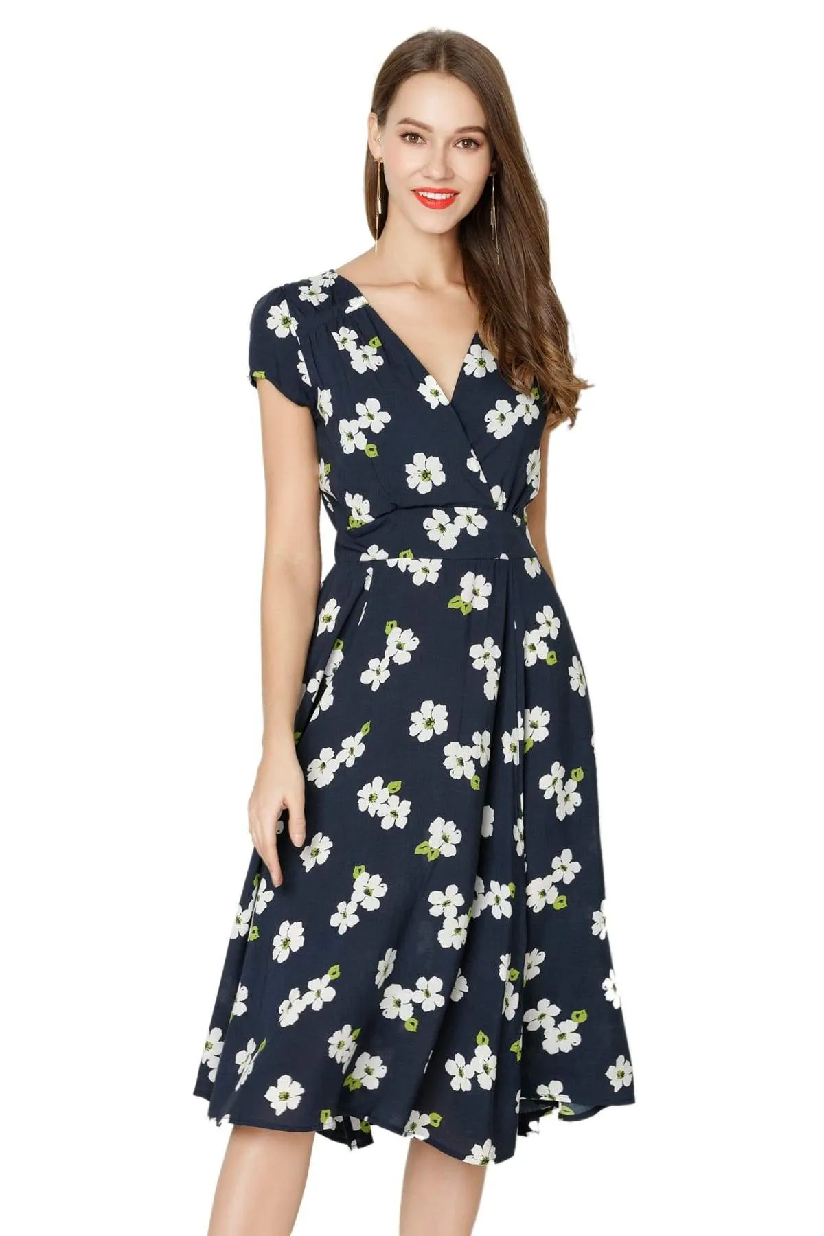 White Daisy & Navy V Neck Cross Over Dress