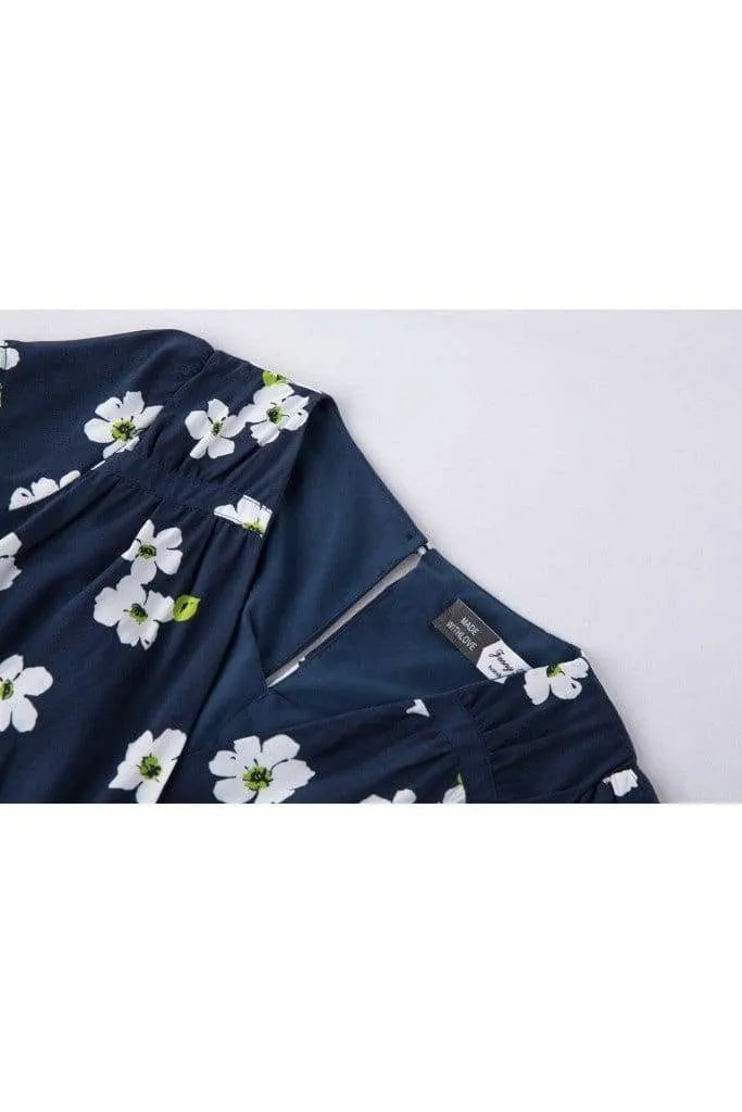 White Daisy & Navy V Neck Cross Over Dress