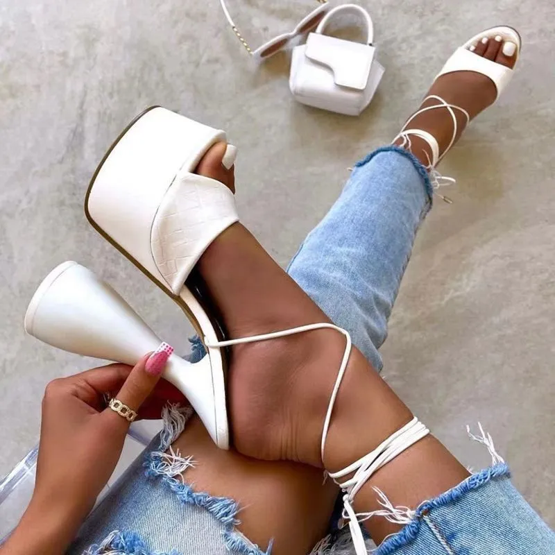 Women chunky heel strappy lace up peep toe platform heels