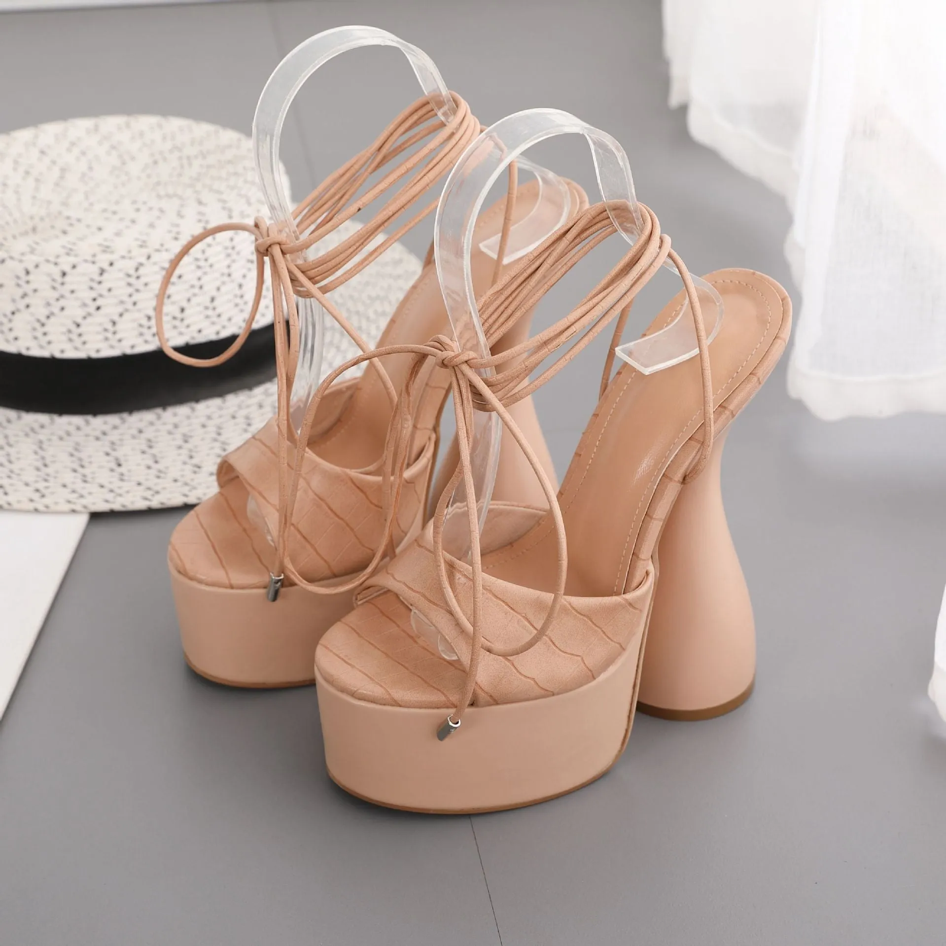 Women chunky heel strappy lace up peep toe platform heels