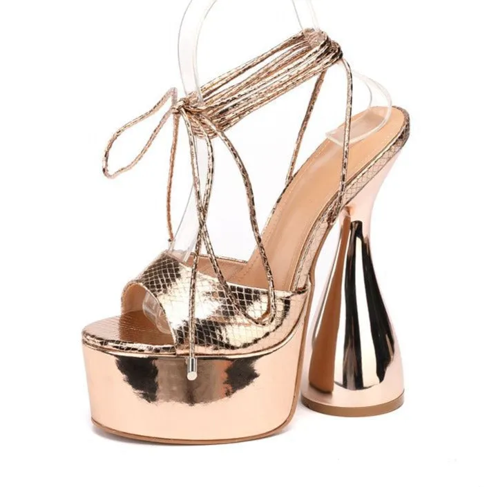 Women chunky heel strappy lace up peep toe platform heels