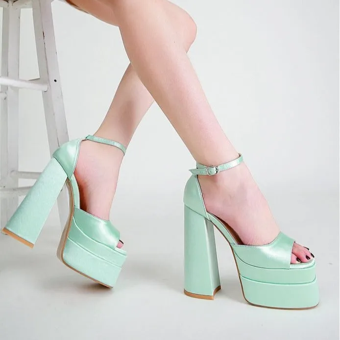 Women platform square peep toe side holow buckle strap chunky heels