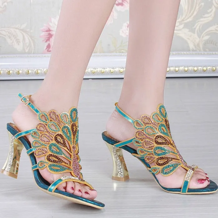 Women prom rhinestone peacock slingback peep toe chunky high heels