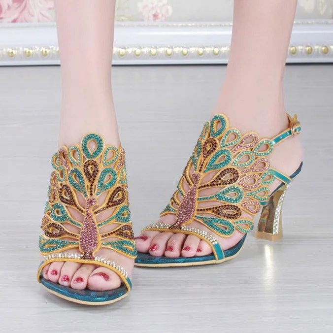 Women prom rhinestone peacock slingback peep toe chunky high heels