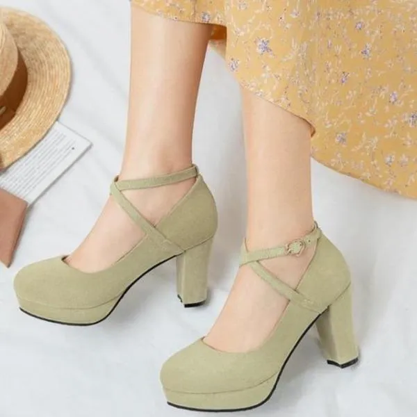 Women solid color chunky high criss cross strap platform heels