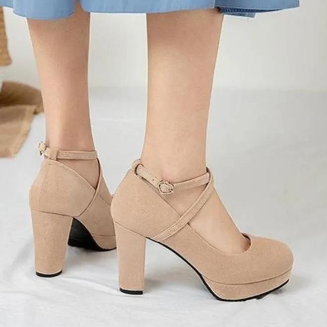 Women solid color chunky high criss cross strap platform heels