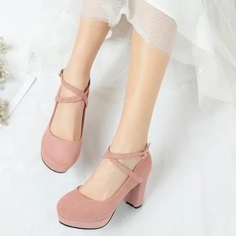 Women solid color chunky high criss cross strap platform heels