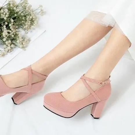 Women solid color chunky high criss cross strap platform heels