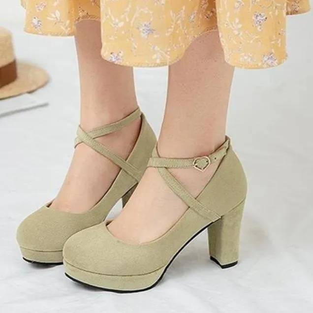 Women solid color chunky high criss cross strap platform heels