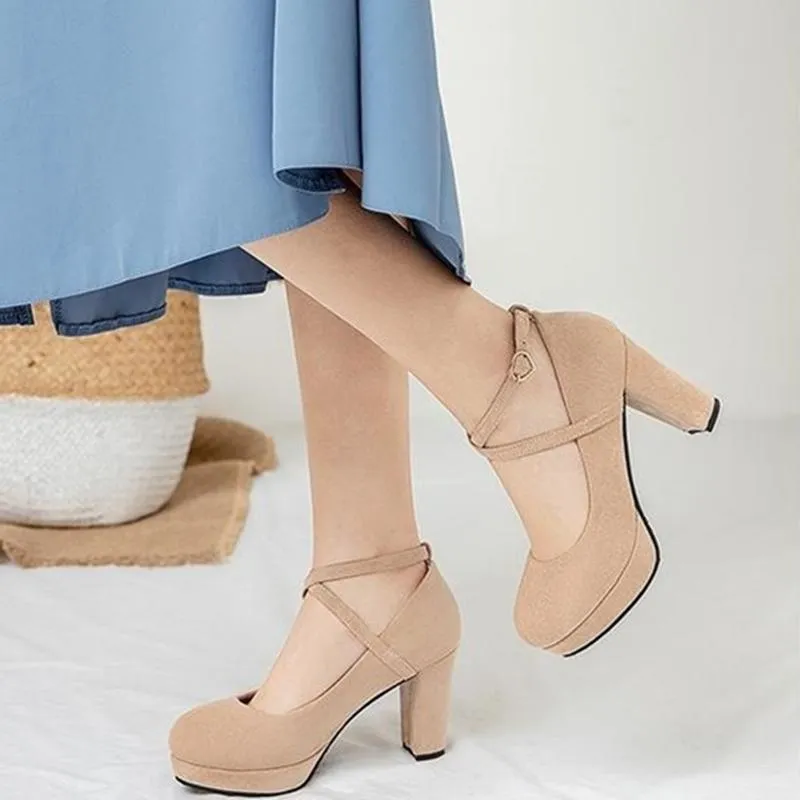 Women solid color chunky high criss cross strap platform heels