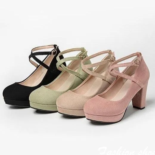 Women solid color chunky high criss cross strap platform heels