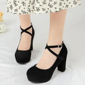 Women solid color chunky high criss cross strap platform heels