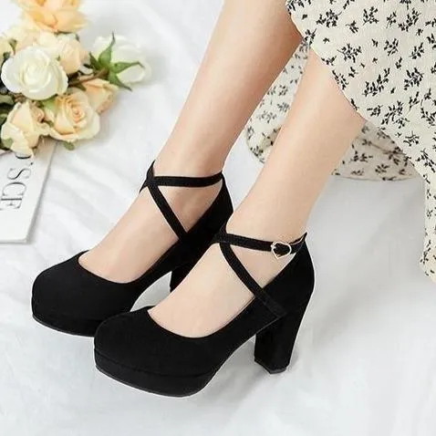 Women solid color chunky high criss cross strap platform heels