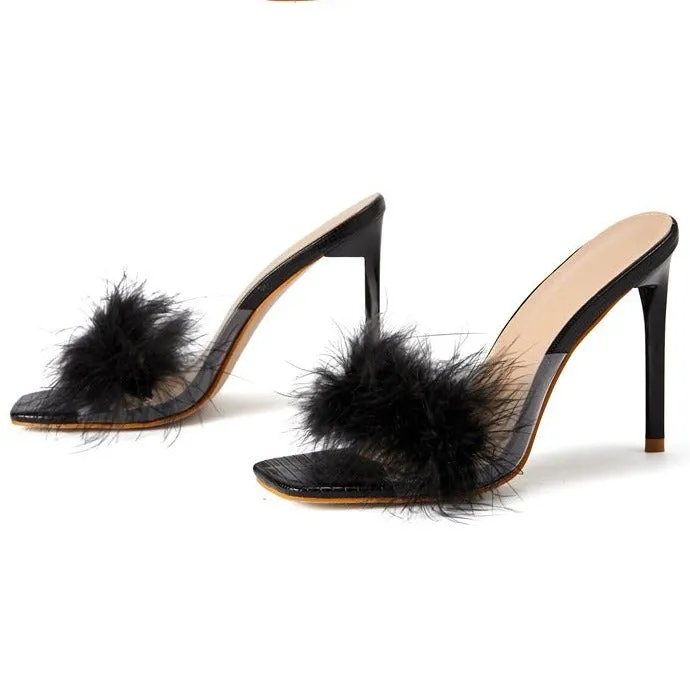 Women square peep toe faux fur slide stiletto heels