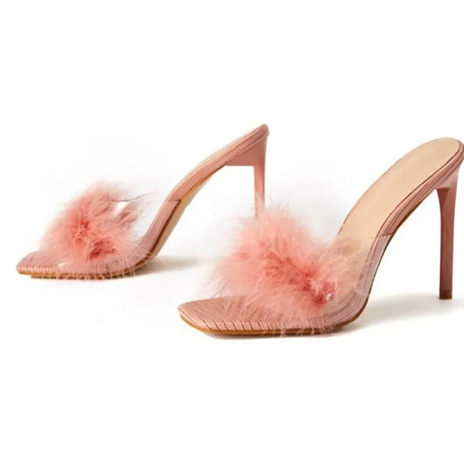 Women square peep toe faux fur slide stiletto heels