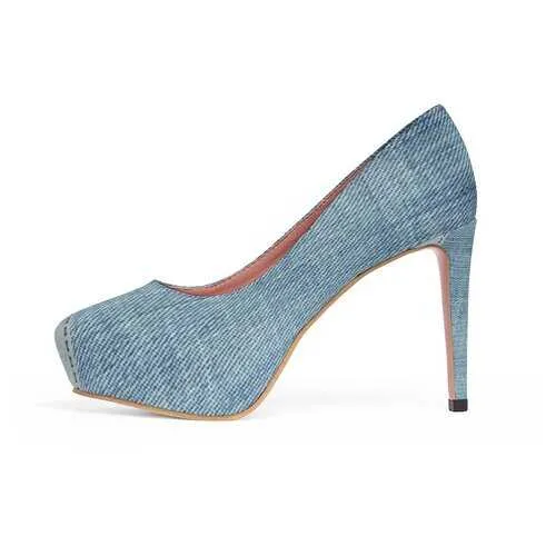 Womens Shoes, Blue Denim Patch Canvas Style High Heel Platform Shoes