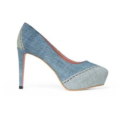 Womens Shoes, Blue Denim Patch Canvas Style High Heel Platform Shoes